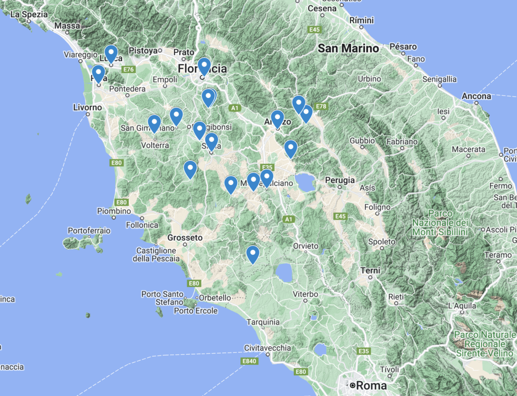 Mapa de las localidades nombradas en la Toscana